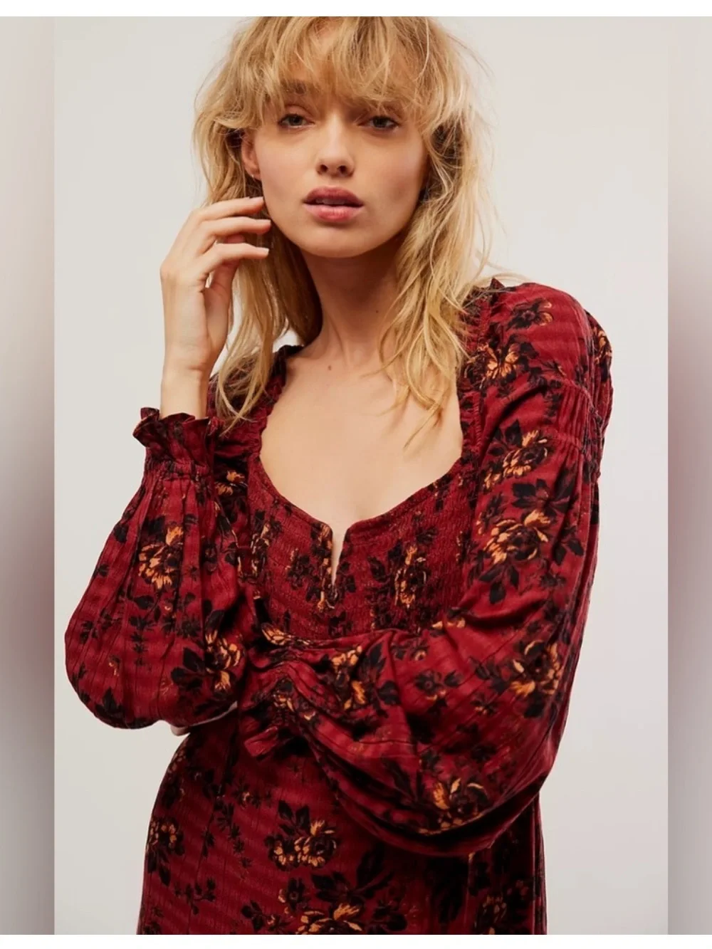 NWT Free People Jaymes Floral Print Square Neck Long Sleeves Midi Dress
